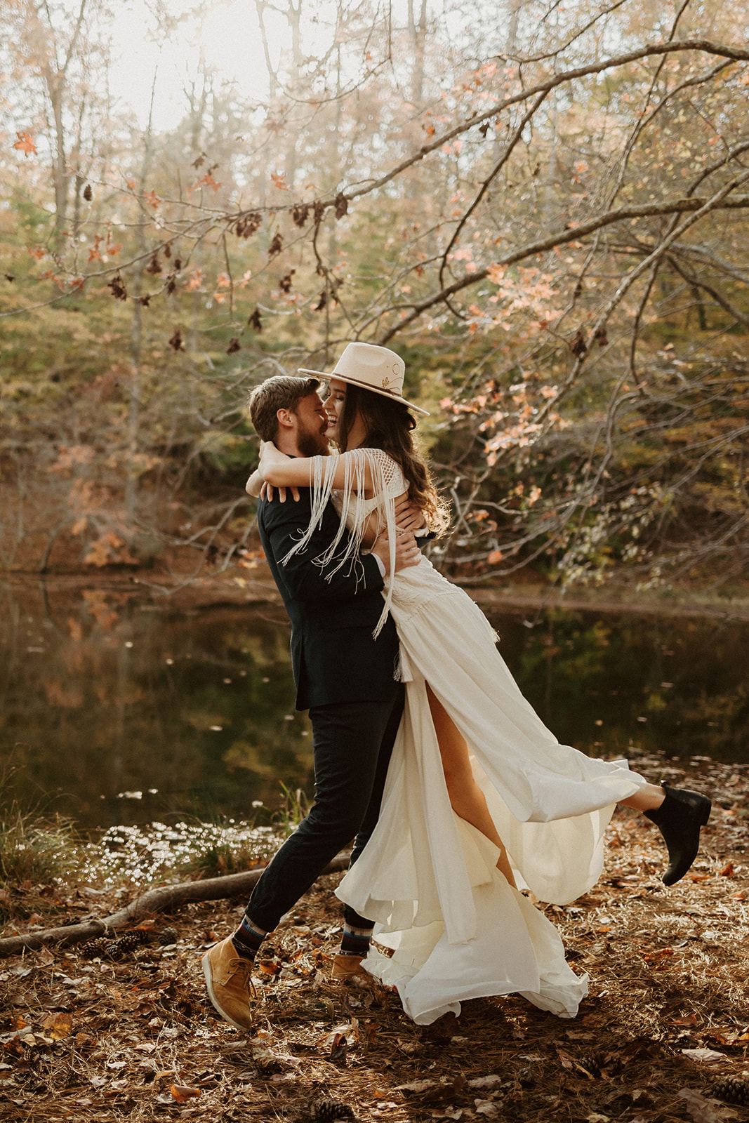 the couple dancing in the woods